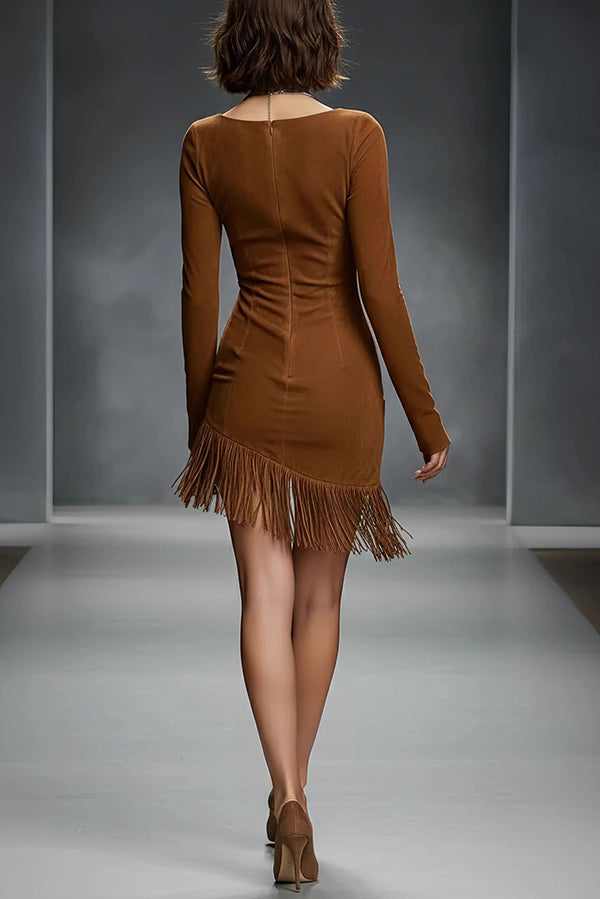 Cardydony Women's Stylish Suede Round Neck Long Sleeve Slim Fit Tassel Mini Dress