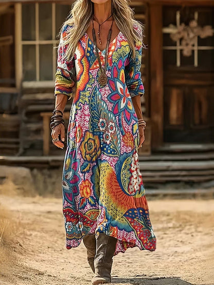 Cardydony Women Floral V Neck Printing Vintage Spring/fall Daily Maxi H-line Dress