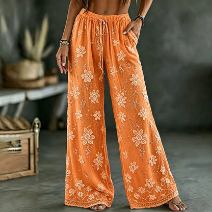Cardydony Women's White Rose Art Embroidered Linen Blend Pants