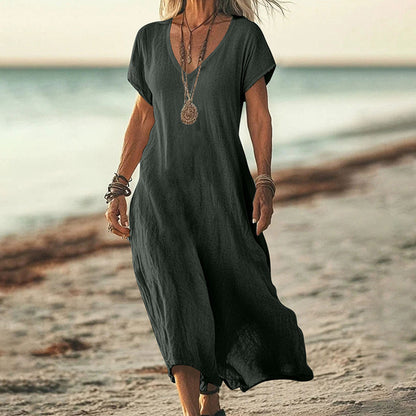 Cardydony Women's Solid Color V-neck Linen Blend Short Sleeve Dress