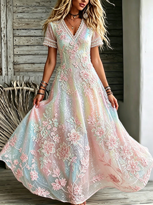 Cardydony Women's Floral In Macarons Colorful Art Embroidered Linen Blend V Neck Maxi Dress