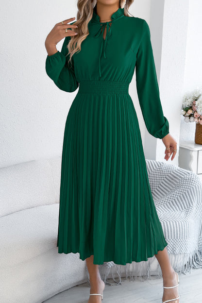Cardydony Women's Solid Color Long-sleeved Fitted Waist Pleated Elegant Midi Dress