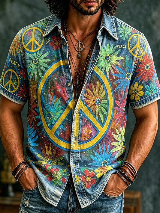 Comstylish Men's Retro Hippie Peace With Floral Graffiti Art Pattern Casual Washed Shirt