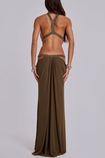 Cardydony Women's Khaki Hot-fix Rhinestone Shoulder Strap Cutout Design Backless Drape Maxi Dress