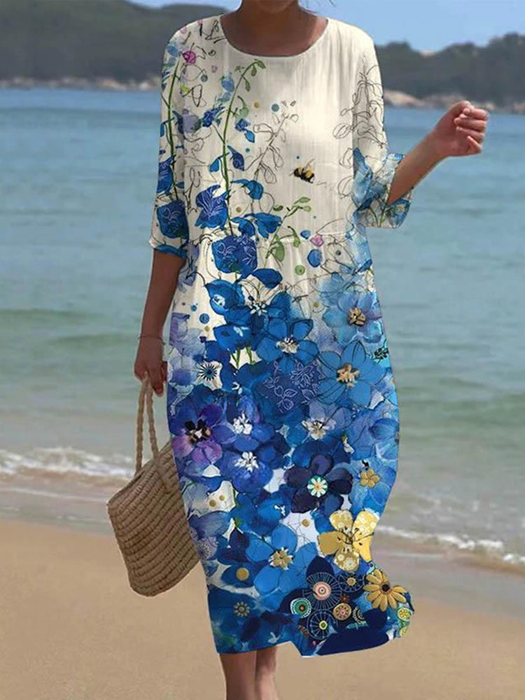 Cardydony Women's Retro Bees And Floral Art Pattern Linen Blend Loose Three-quarter Sleeve Dress
