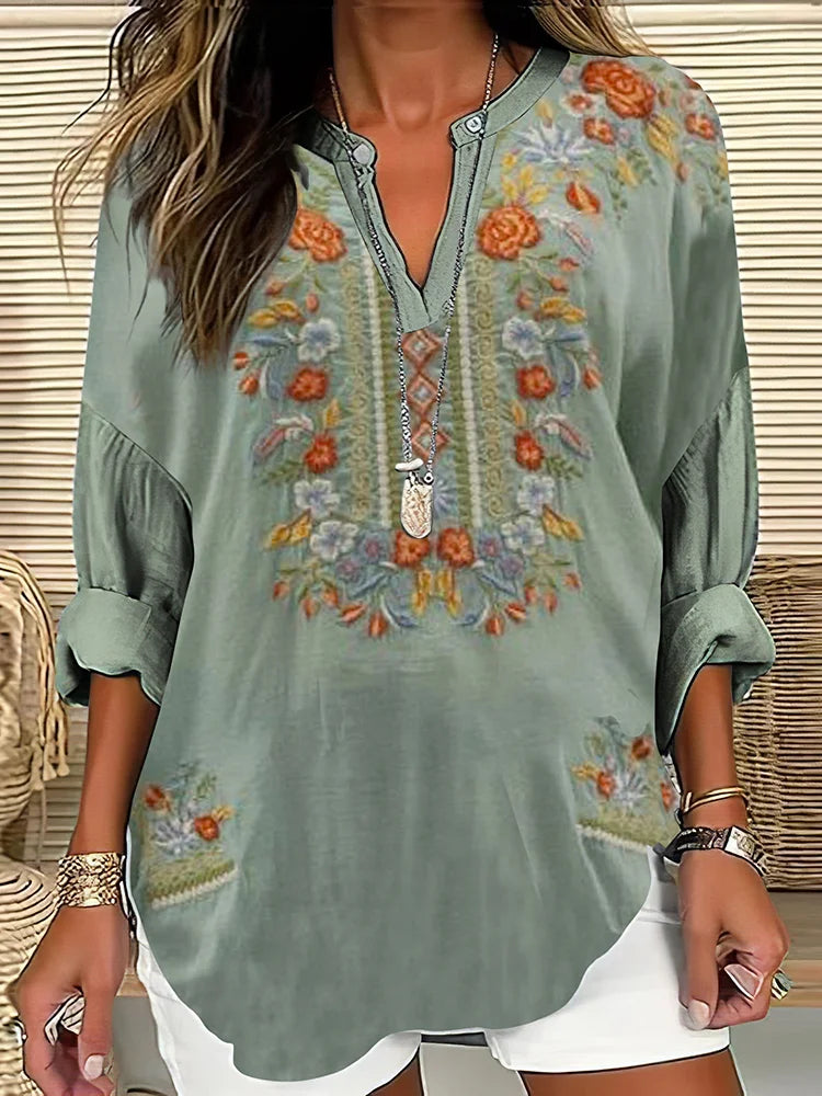 Cardydony Women's Retro Ethnic Flower Embroidery Art V-neck Shirt
