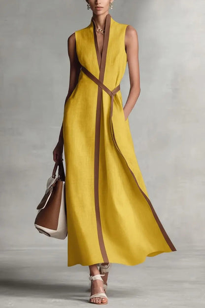 Cardydony Women's Linen Blend Color-blocked Edging V-neck Sleeveless Loose Maxi Dress