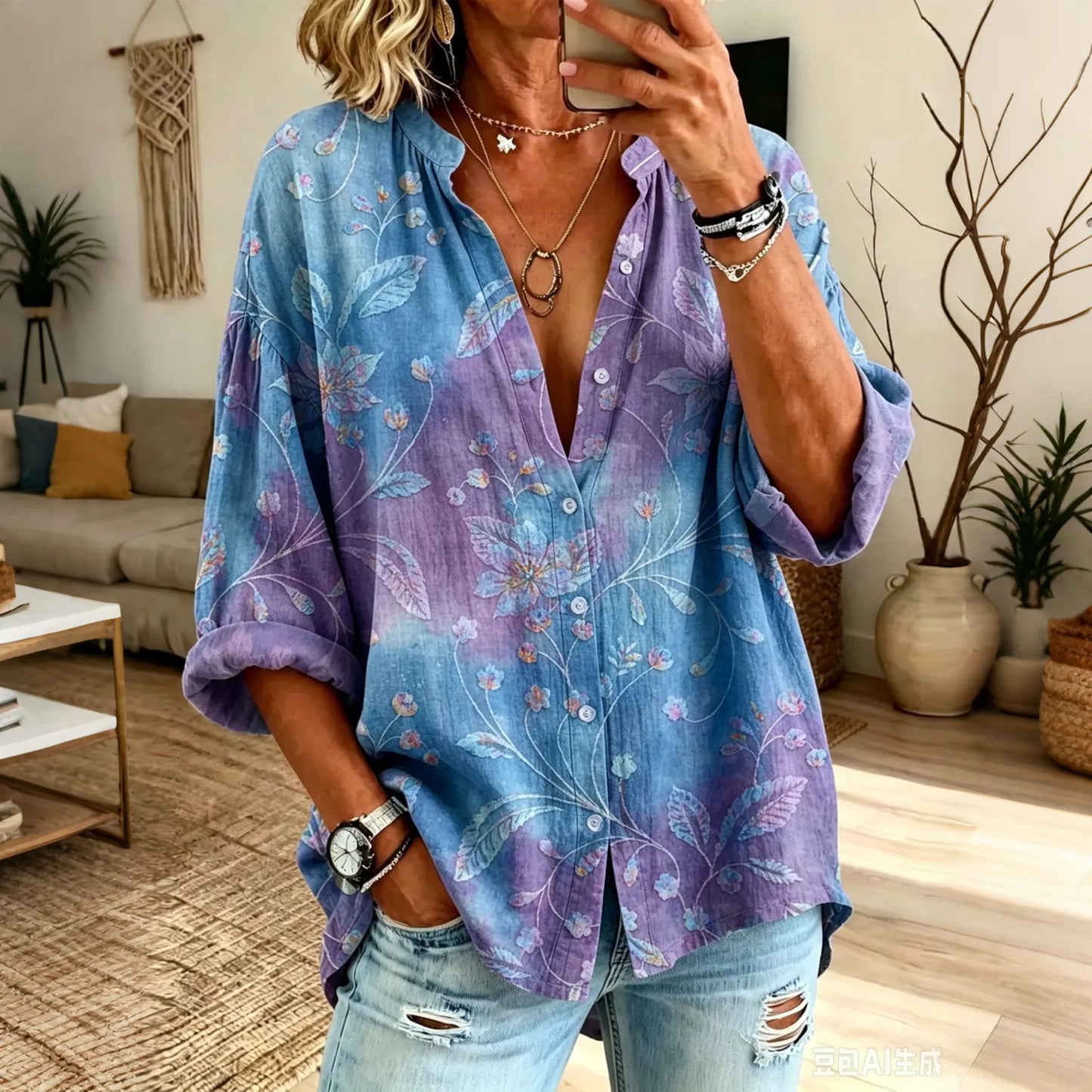 Cardydony Women's Vintage Floral In Gradient Art Print Flowy Linen Blend Long Sleeve Shirts