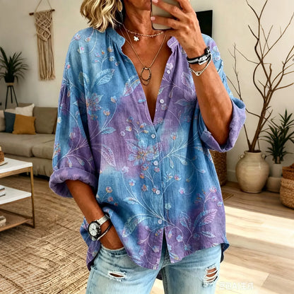 Cardydony Women's Vintage Floral In Gradient Art Print Flowy Linen Blend Long Sleeve Shirts