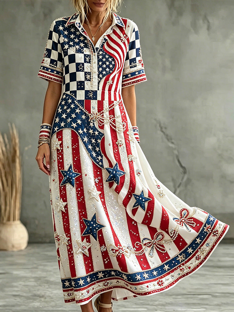 Cardydony "vintage American Flag Checkerboard Patriotic Star Stripes Rhinestone Flowy Midi Dress"