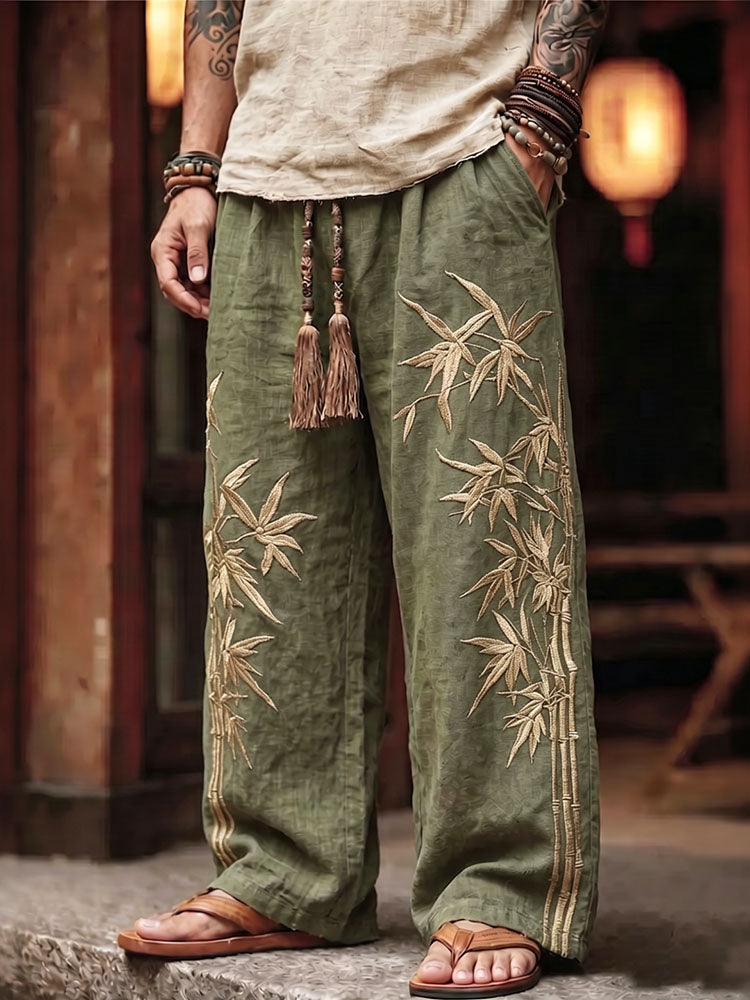 Cardydony Men's Japanese Bamboo Embroidery Art Casual Linen Blend Pants