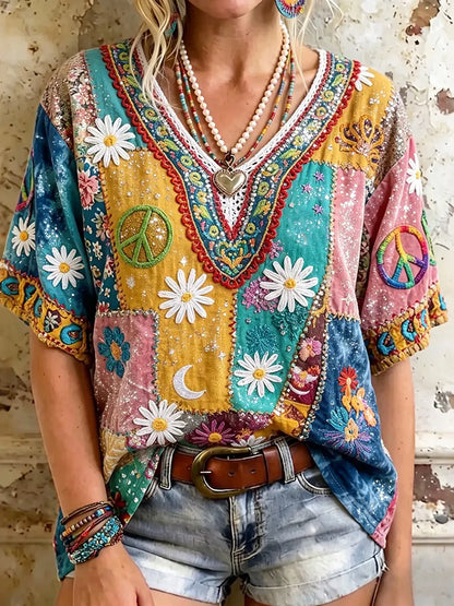 Cardydony Women's Vintage Hippie Sunflower Pattern Art Embroidered V Neck Tshirt