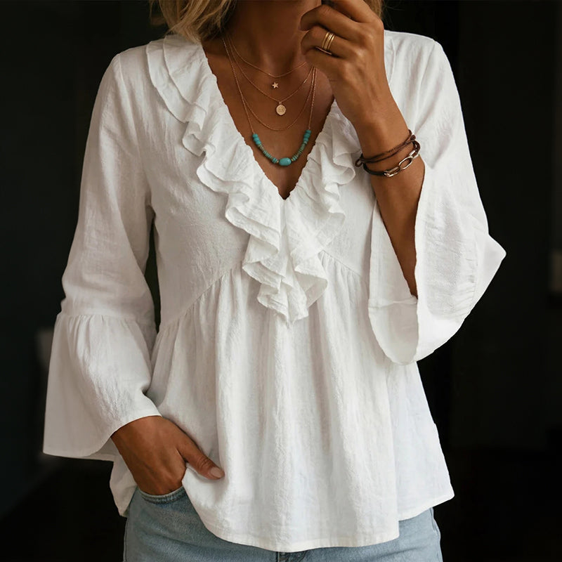 Cardydony Women's Solid Color Ruffle V Neck Blend Loose T-shirt