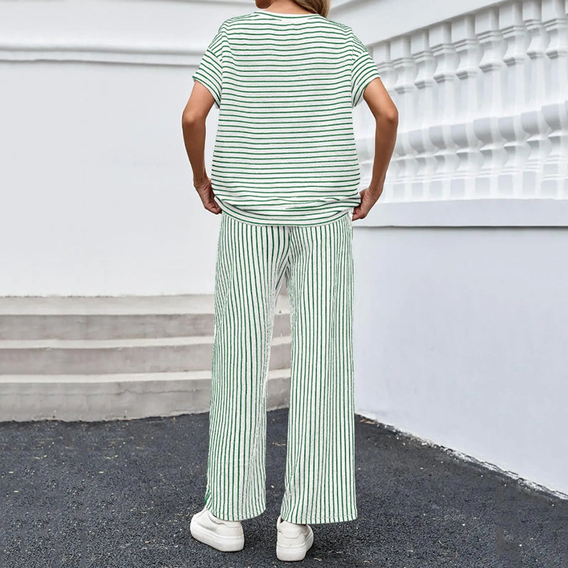 Cardydony Striped Short Sleeve T-shirts Wide Leg Pants Two Piece Set