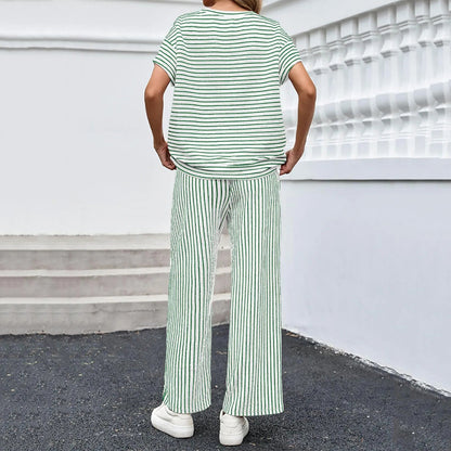 Cardydony Striped Short Sleeve T-shirts Wide Leg Pants Two Piece Set