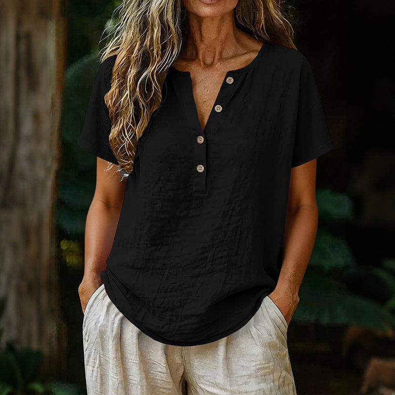Cardydony Solid Color Linen Short-sleeved Half-front Button-up Shirt