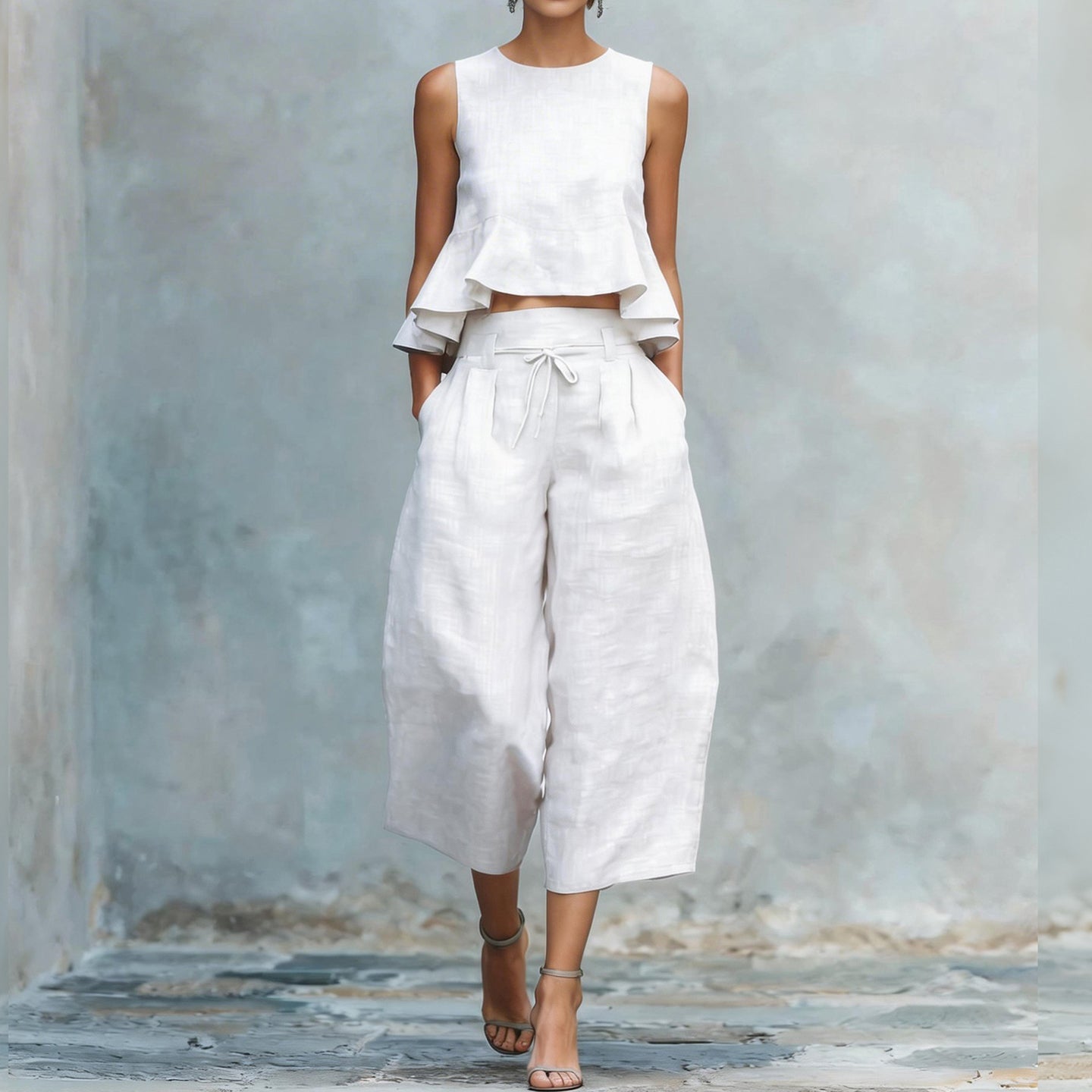 Cardydony Women's Ruffled Linen-blend Two-piece Set