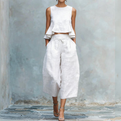 Cardydony Women's Ruffled Linen-blend Two-piece Set