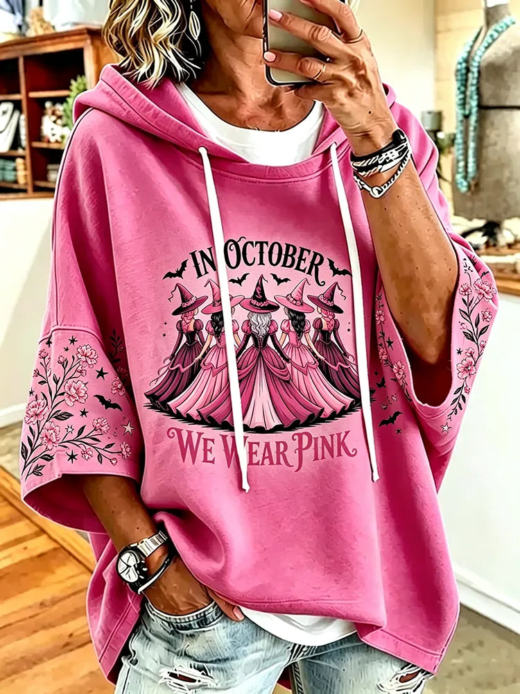 Cardydony Women's Pink Halloween Witch Letter Floral Print Hooded Top