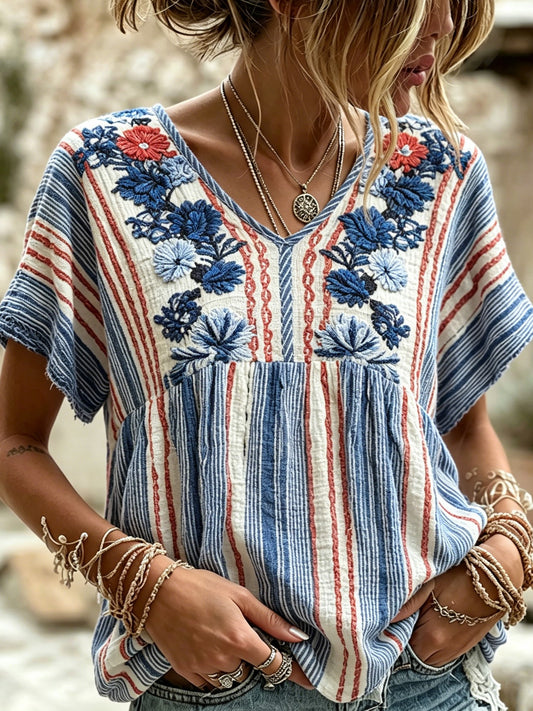 Cardydony World Cup Football Team Floral Embroidery Comfortable Women's Bohemian Style V-neck Top