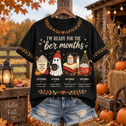 Cardydony Women's "i'm Ready For The 'ber Months" Pumpkin Spice Ghost And Holiday Icons Graphic T-shirt