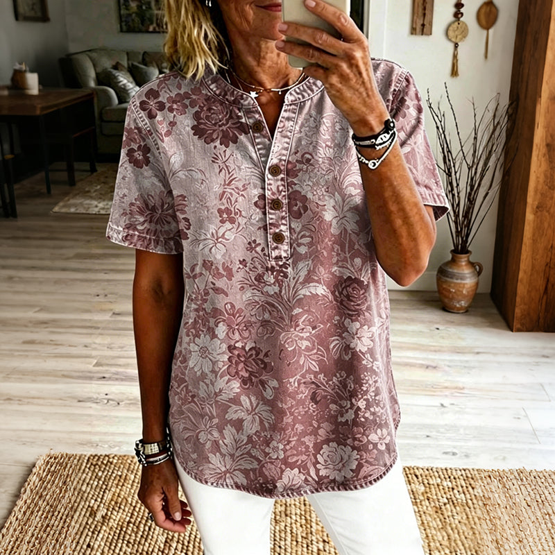 Cardydony Women's Vintage Floral Art Print Casual Short-sleeve Shirt