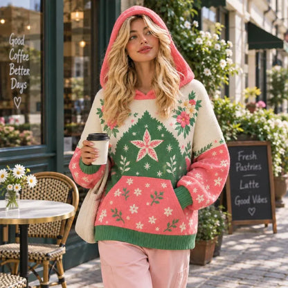 Cardydony Women's Cute Floral Snowflake Pattern Oversized Hooded Knit Sweater With Kangaroo Pocket