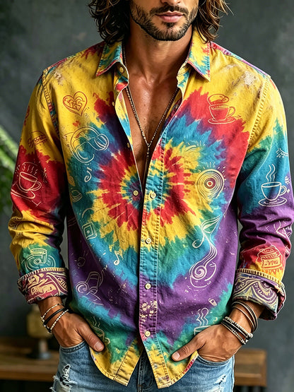 Cardydony Men's Hippie Tie-dye Music Art Print Long Sleeve Shirt