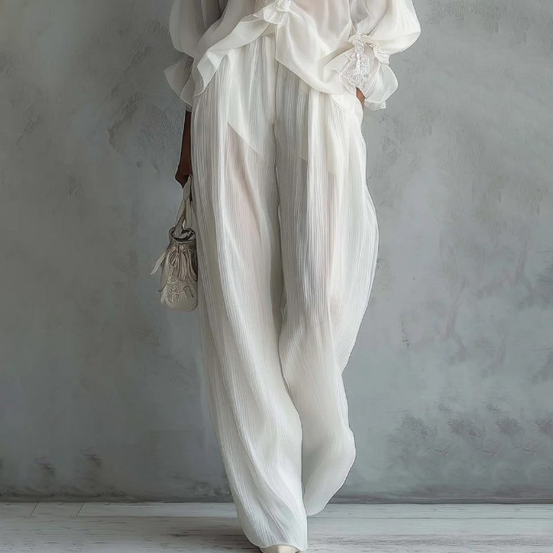 Cardydony Elegant Lace Long-sleeved Shirt And Wide-leg Pants Set