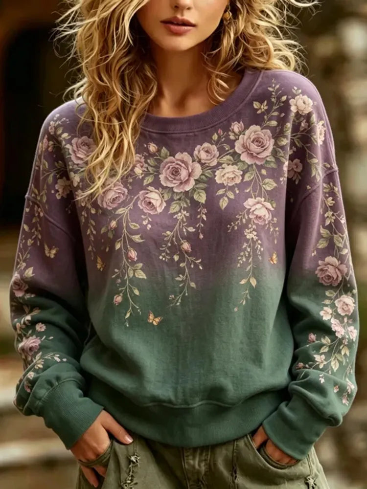 Cardydony Women's Vintage Romantic Rose Gradient Art Casual Crewneck Sweatshirt