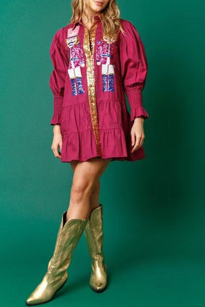 Cardydony Women's Nutcracker Sequined Button Down Long Sleeve Mini Dress