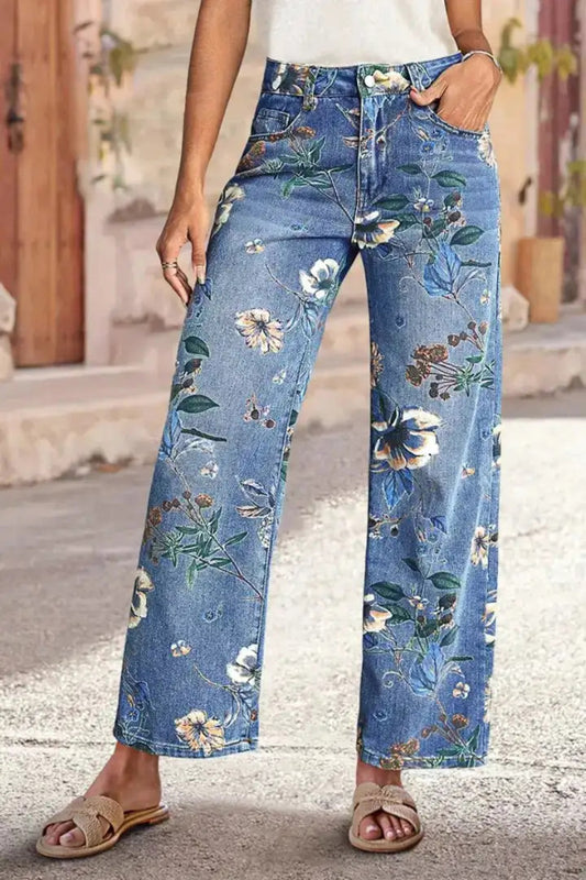 Cardydony Women's Floral Print Loose Pocket High-waisted Wide-leg Jeans