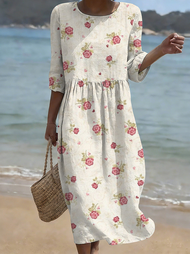 Cardydony Vintage Roses Floral Pattern Cozy Linen Midi Dress