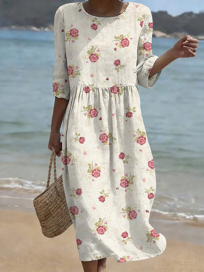 Cardydony Vintage Roses Floral Pattern Cozy Linen Midi Dress
