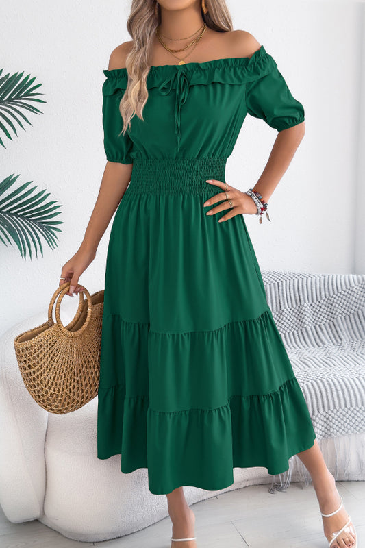 Cardydony Women's Stylish Off-shoulder Short-sleeved Pleated Waist Casual Midi Dress