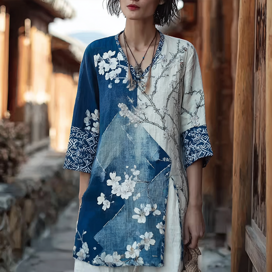 Cardydony Japanese Art Retro Style Cherry Blossom Pattern Women's V-neck Top