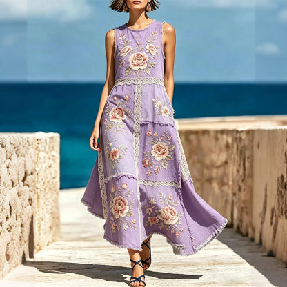 Cardydony Women's Lace Floral Patchwork Retro Cotton And Linen Vest Dress