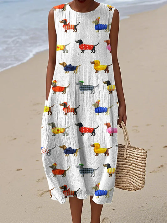 Cardydony Women's Retro Dachshund Dog Art Linen Tank Midi Dress