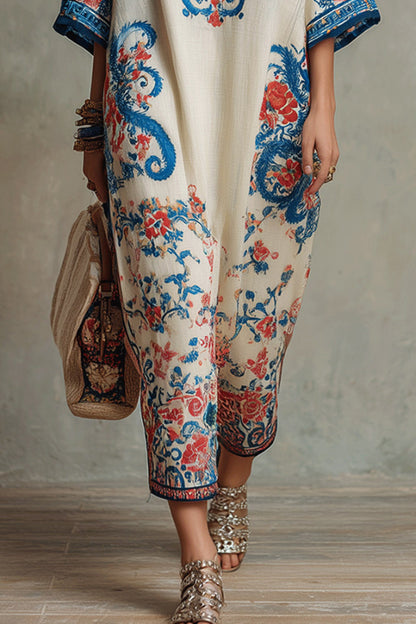 Cardydony Women's  Unique Print Loose V-Neck Casual Slit Maxi Dress