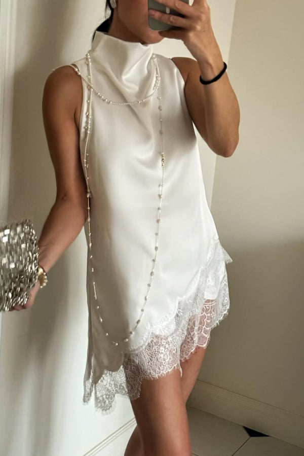 Cardydony Women's Solid Color Satin Spliced lace Sleeveless Irregular Casual Top