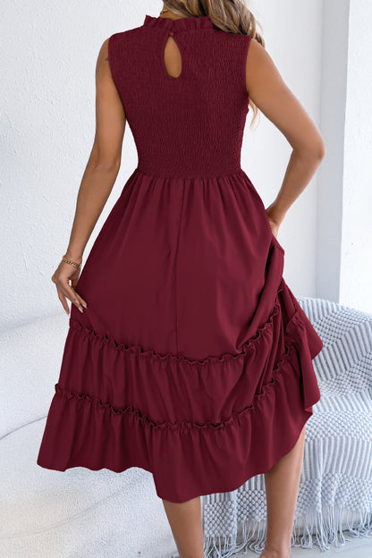 Cardydony Women's Solid Color Sleeveless Tucked Patchwork Casual Midi Dress