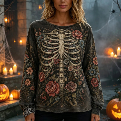 Cardydony Retro Halloween Bohemian Gothic Style Washed Skull And Rib Pattern Long-sleeved Floral Print Crew Neck Casual Top