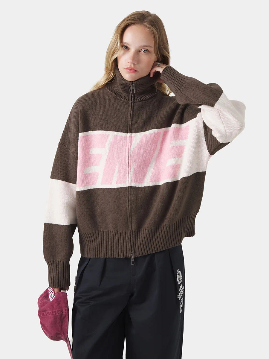 Cardydony Women's Retro Jacquard Letter Zip Up Sweater – Sporty Colorblock Knit Cardigan