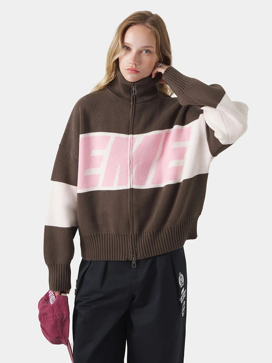 Cardydony Women's Retro Jacquard Letter Zip Up Sweater – Sporty Colorblock Knit Cardigan