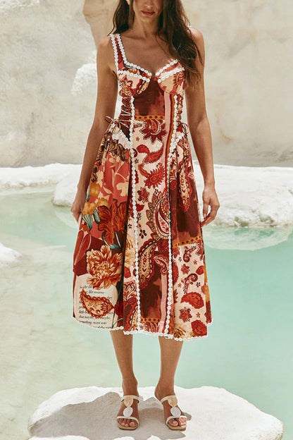Cardydony Women's  Unique Printed Floral Trim Suspender Side Tie Vacation Midi Dress
