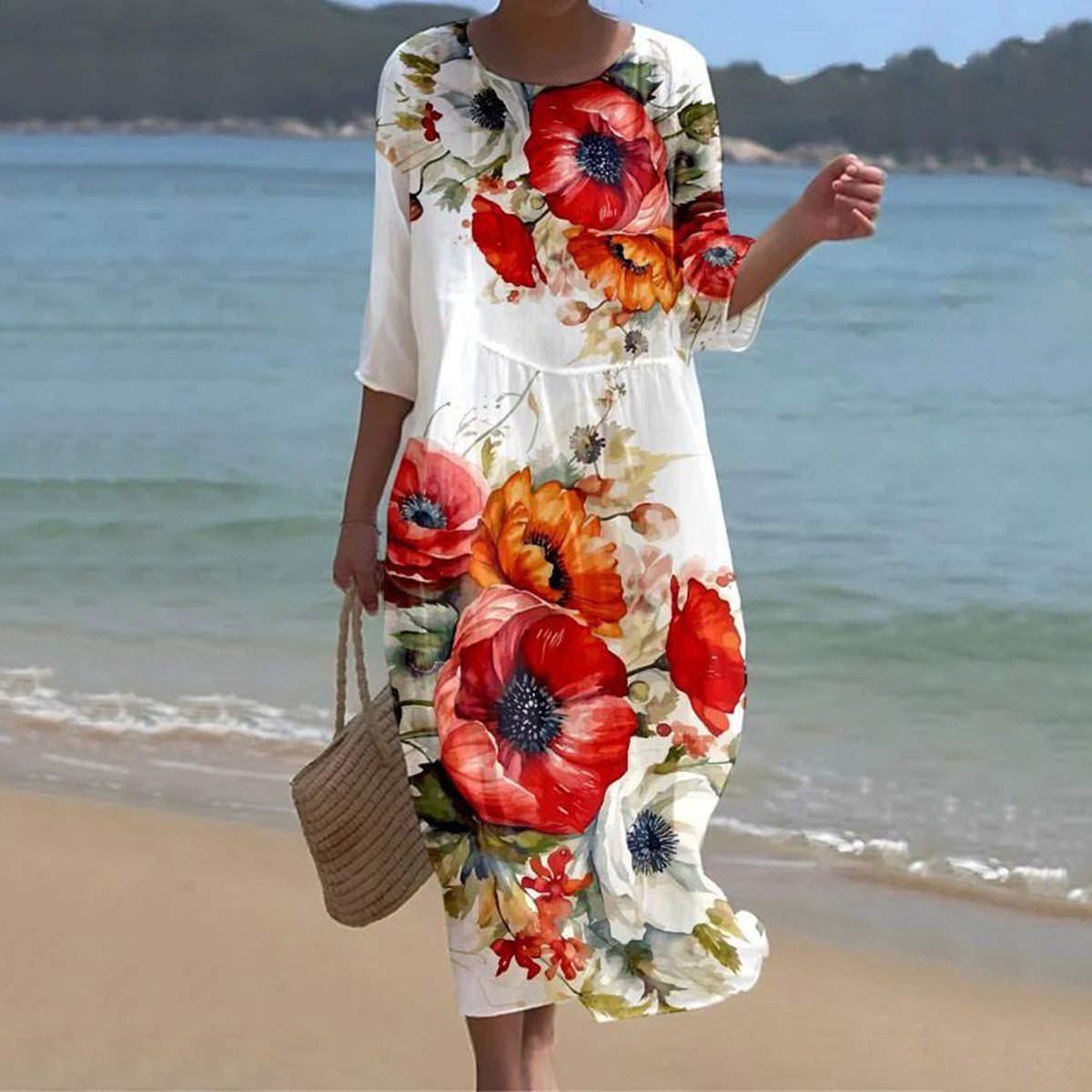 Cardydony Women's Floral Art Pattern Linen Blend Loose Three-quarter Sleeve Dress