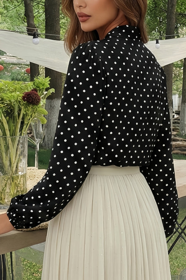 Cardydony Women's  Polka Dot Print Tie-up Long-sleeved Loose Casual Shirt