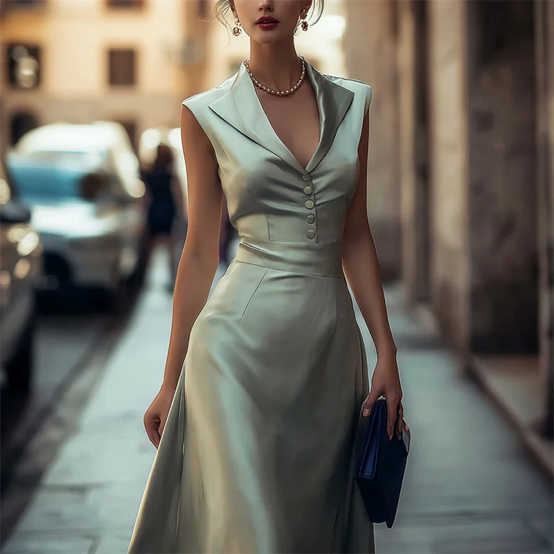 Cardydony Vintage Lapels Button Up Flowy Satin Maxi Dress