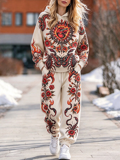 Cardydony Women's Vintage Heart And Floral Print Hoodie And Pants Set