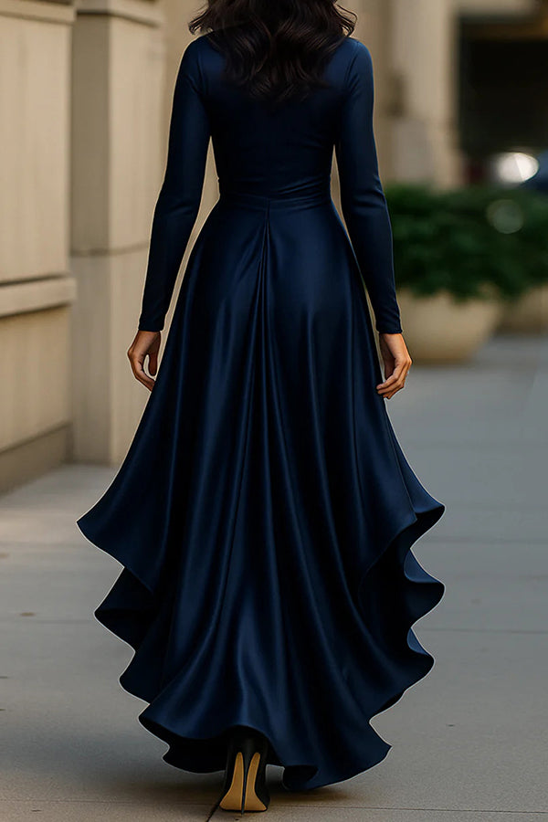 Cardydony Women's Solid Color Satin V-neck Long-sleeved Elegant Ruffled Maxi Dress